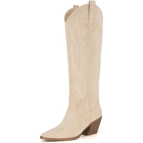Women Faux Leather Beige Knee High Embroidered Pointed Toe Block Heel Boots - Picture 1 of 8